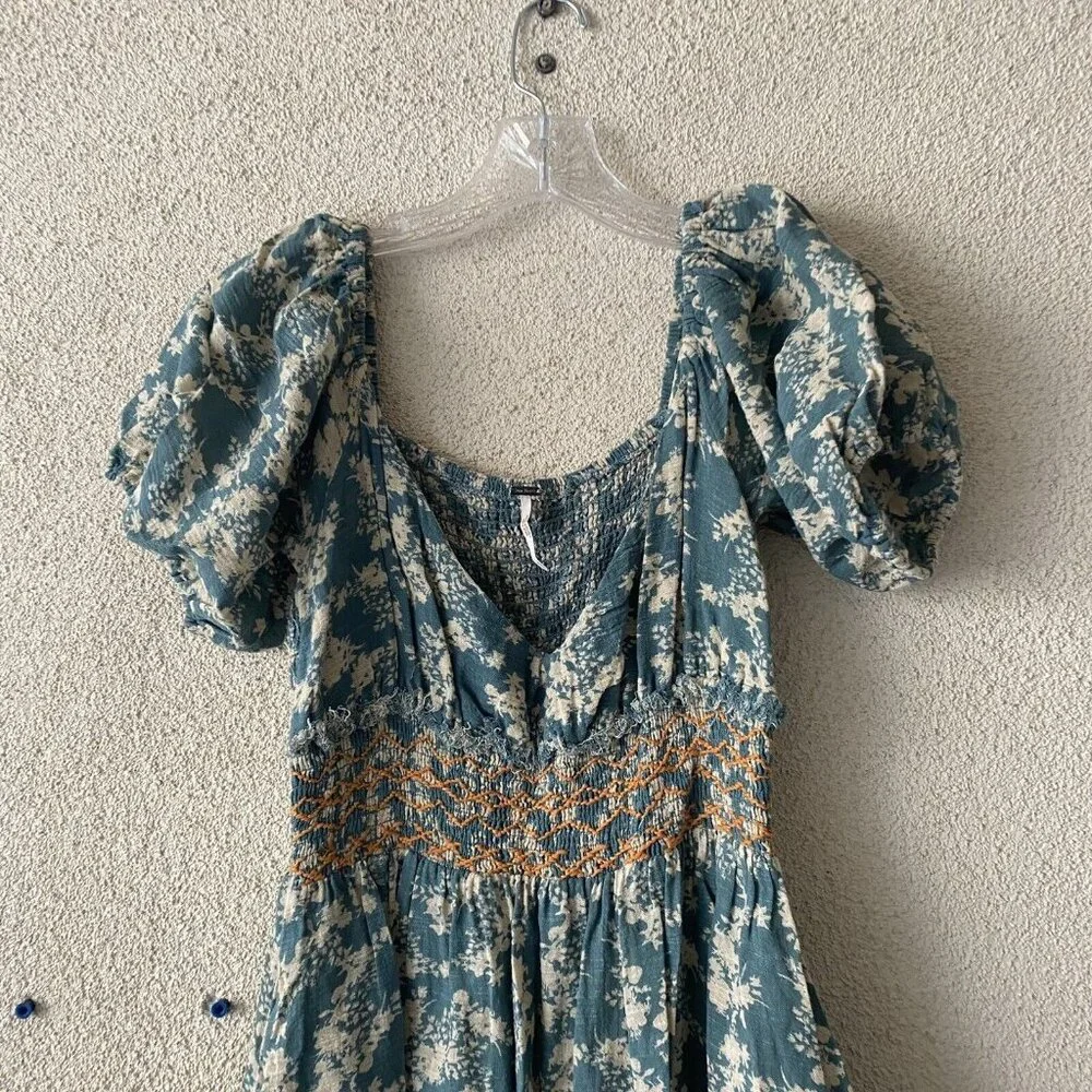 Free People Printed Ellie Maxi Dress Green Floral Smocked Peasant Size Small - Picture 5 of 13